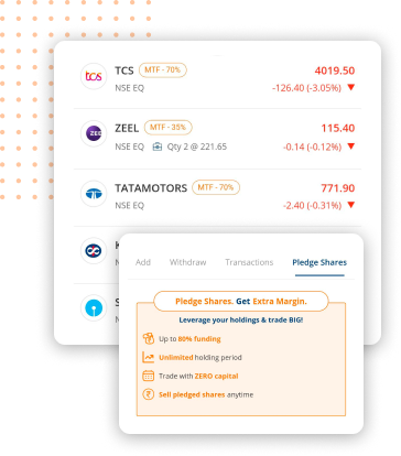Illustration showing a user accessing instant margin on a trading app, with financial icons and upward indicators representing quick fund availability.