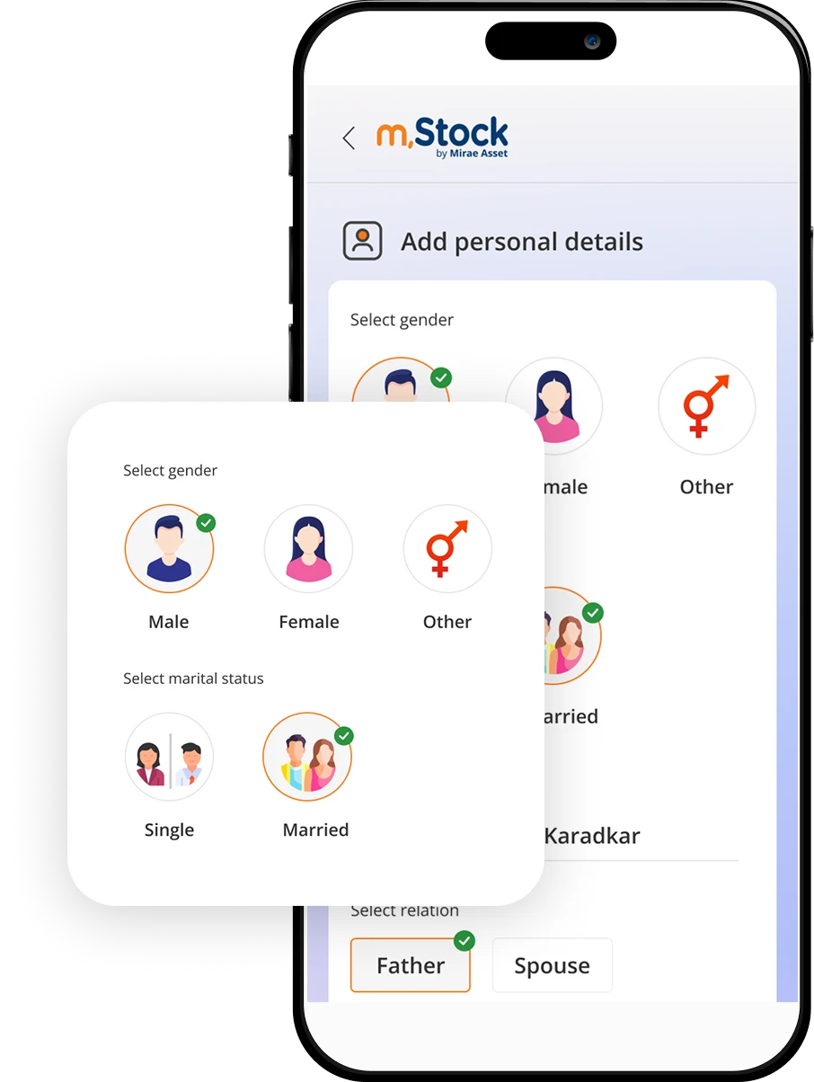 A mobile screen displaying a personal details form in the Stock app, showing options to select gender (Male, Female, Other) and marital status (Single, Married), represented with illustrated icons..