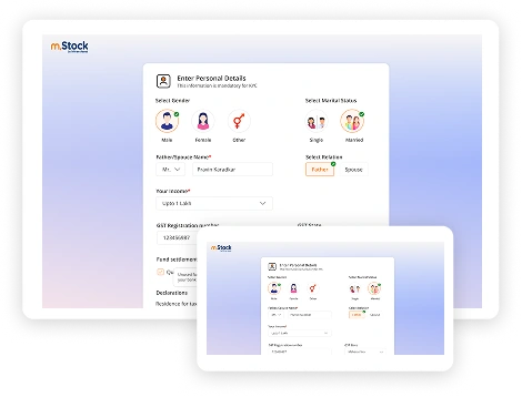 A mobile screen displaying a personal details form in the Stock app, showing options to select gender (Male, Female, Other) and marital status (Single, Married), represented with illustrated icons..
